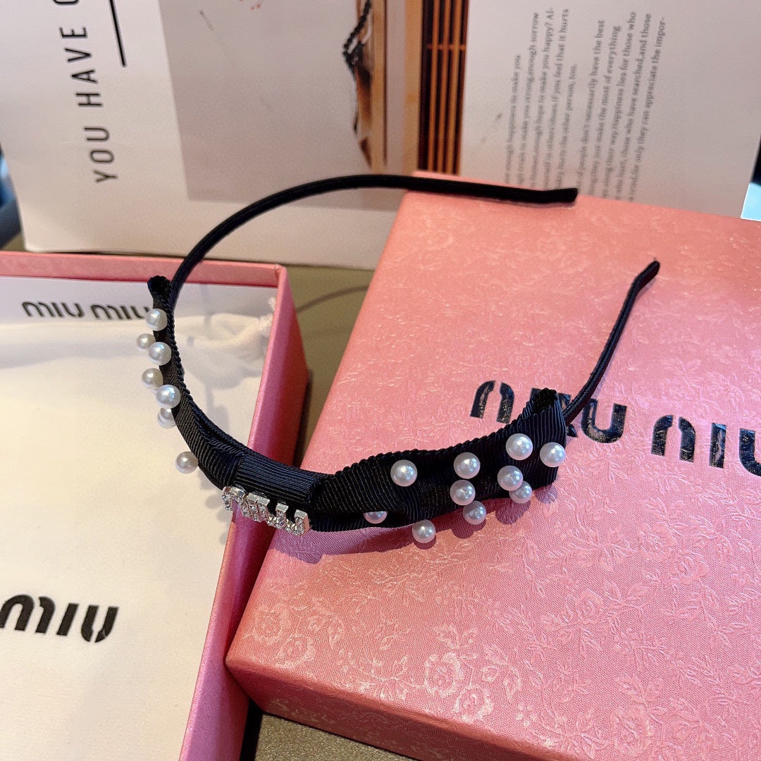 CHANEL HEADBAND WITH BOW IN BLACK COTTON ATTACHED PEARLS 406039