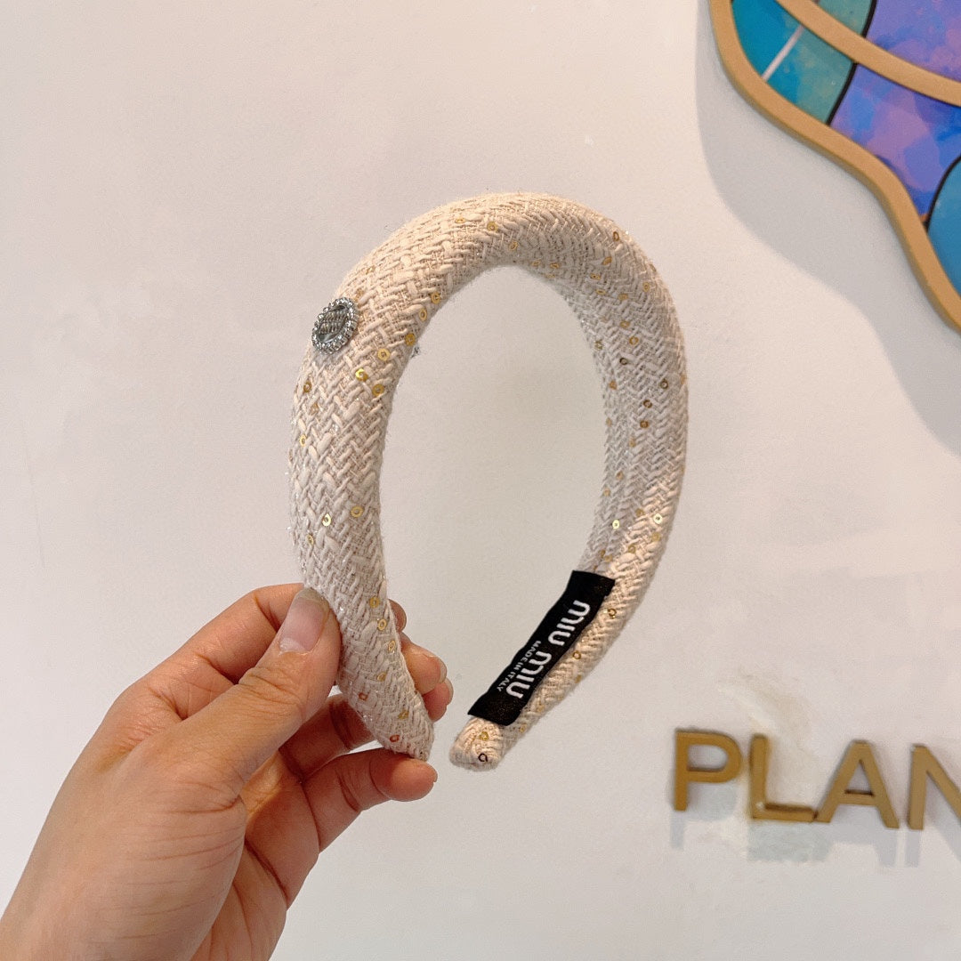 CHANEL THICK HEADBAND IN WHITE TWEED EMBELLISHED SEQUINS 406046