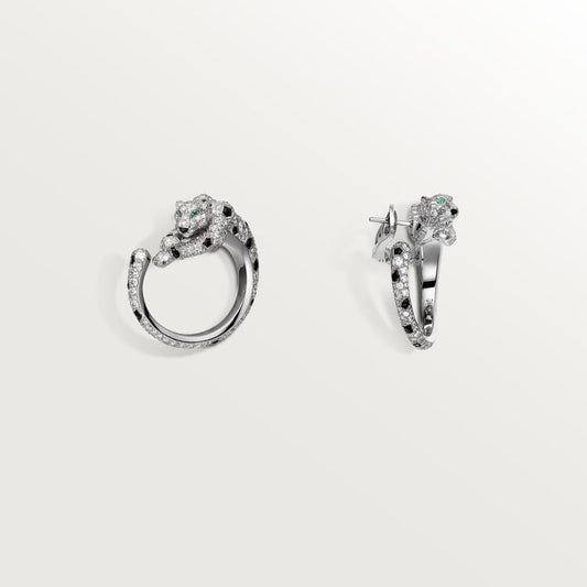 CARTIER PANTHERE DIAMOND ONYX GREEN EMERAL SILVER EARRINGS