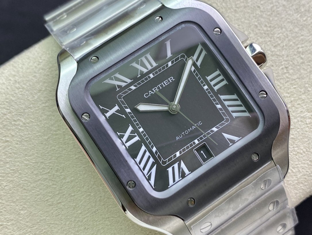 CARTIER SANTOS DE CARTIE LARGE STEEL CASE BLACK BEZEL WHITE DIAL