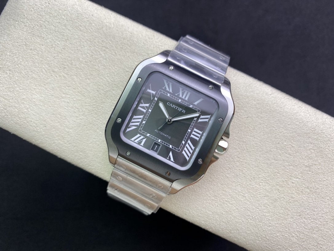 CARTIER SANTOS DE CARTIE LARGE STEEL CASE BLACK BEZEL WHITE DIAL