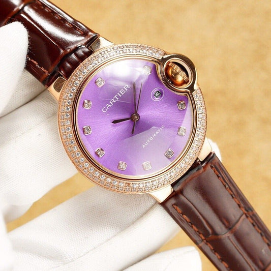 CARTIER BALLON BLEU 33MM ROSE GOLD CASE PINK DIAL LEATHER STRAP