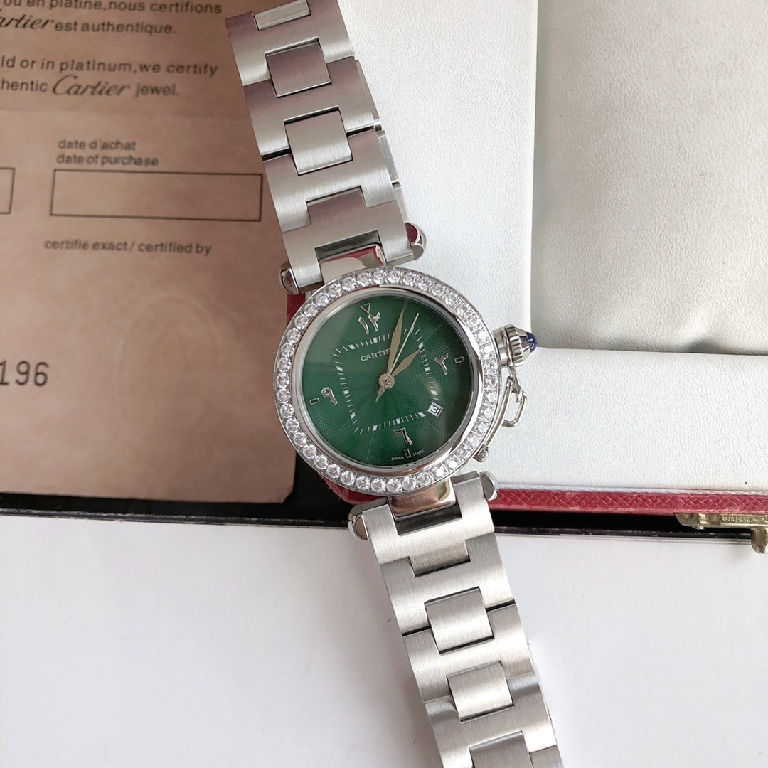 CARTIER CARTIE PASHA 35MM QUARTZ STEEL CASE DIAMOND BEZEL BLUE DIAL