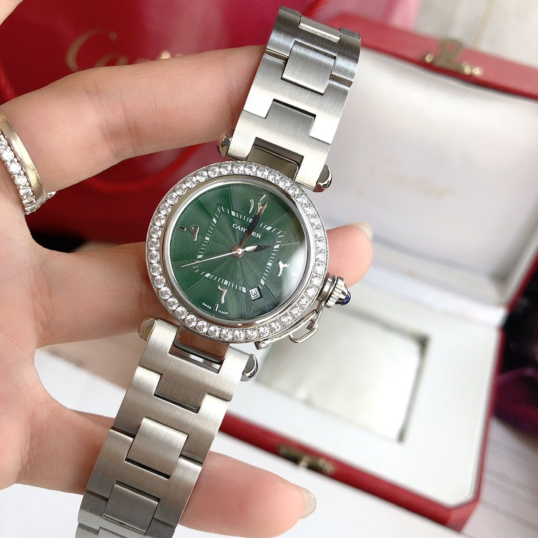 CARTIER CARTIE PASHA 35MM QUARTZ STEEL CASE DIAMOND BEZEL BLUE DIAL