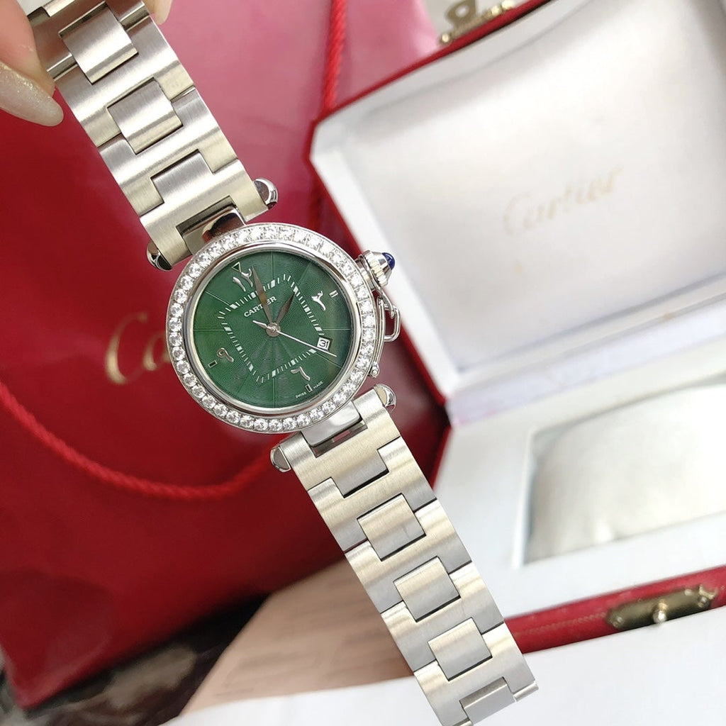 CARTIER CARTIE PASHA 35MM QUARTZ STEEL CASE DIAMOND BEZEL BLUE DIAL