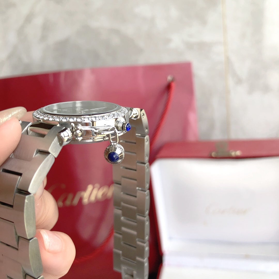 CARTIER CARTIE PASHA 35MM QUARTZ STEEL CASE DIAMOND BEZEL BLUE DIAL