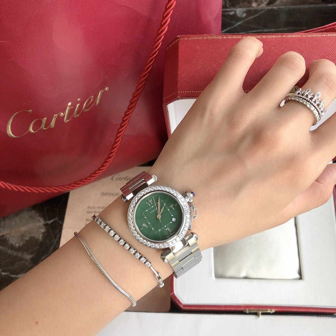 CARTIER CARTIE PASHA 35MM QUARTZ STEEL CASE DIAMOND BEZEL BLUE DIAL