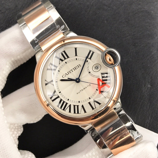 CARTIER BALLON BLEU DATE 42 TWO TONE PINK GOLD SILVER WHITE DIAL