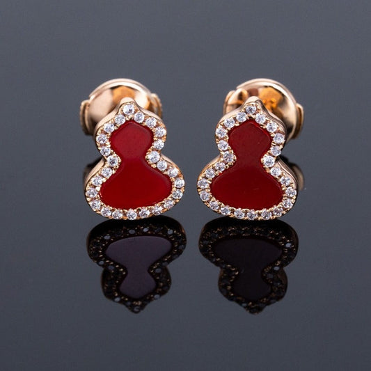 QEELIN WULU CARNELIAN DIAMOND PINK GOLD STUD EARRINGS