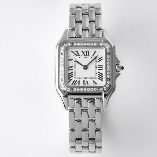 CARTIER PANTHERE 27MM SILVER CASE DIAMOND BEZEL WHITE DIAL