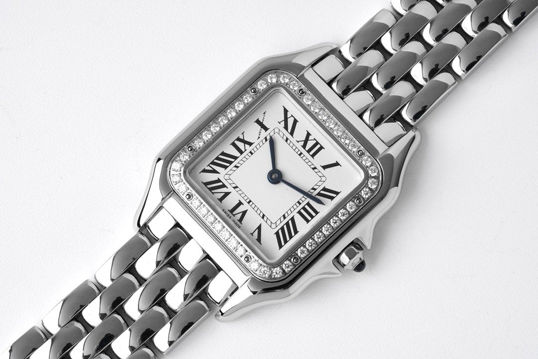 CARTIER PANTHERE 27MM SILVER CASE DIAMOND BEZEL WHITE DIAL