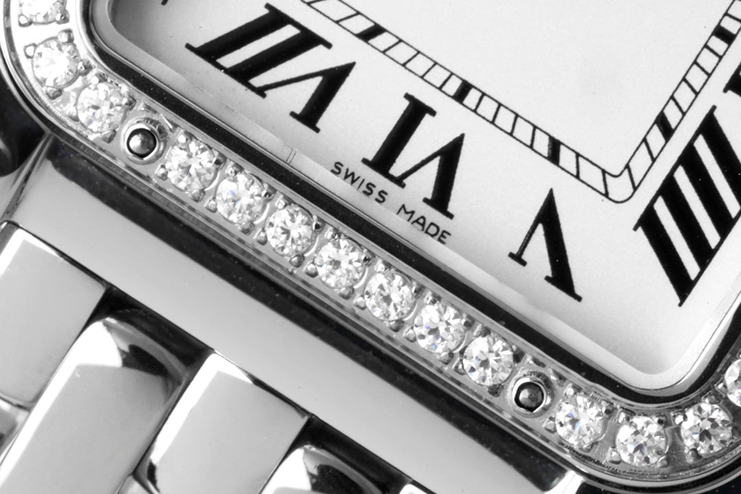 CARTIER PANTHERE 27MM SILVER CASE DIAMOND BEZEL WHITE DIAL