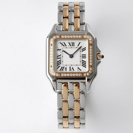 CARTIER PANTHERE 27MM PINK GOLD SILVER CASE DIAMOND BEZEL WHITE DIAL