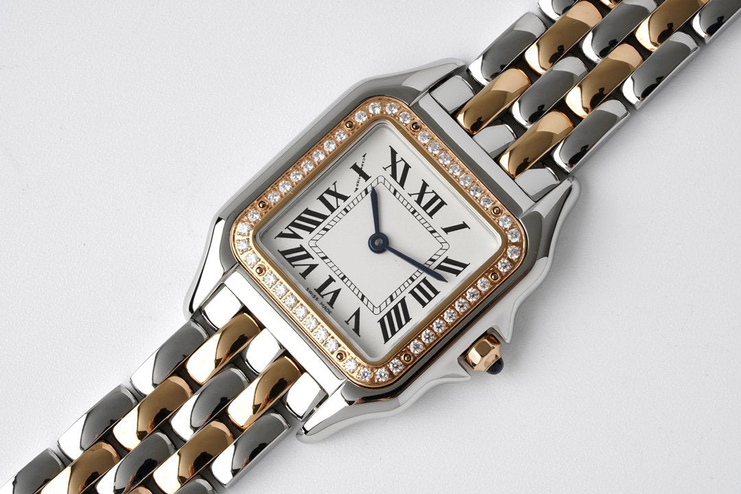 CARTIER PANTHERE 27MM PINK GOLD SILVER CASE DIAMOND BEZEL WHITE DIAL
