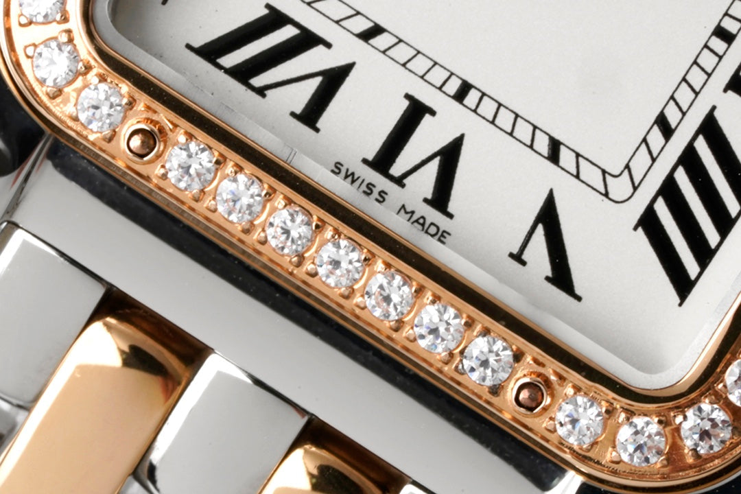CARTIER PANTHERE 27MM PINK GOLD SILVER CASE DIAMOND BEZEL WHITE DIAL