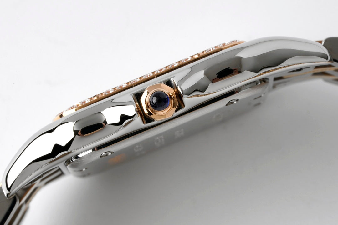 CARTIER PANTHERE 27MM PINK GOLD SILVER CASE DIAMOND BEZEL WHITE DIAL