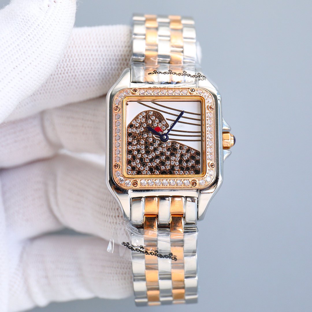 CARTIER PANTHERE 27MM PINK GOLD CASE DIAMOND BEZEL DIAMOND DIAL