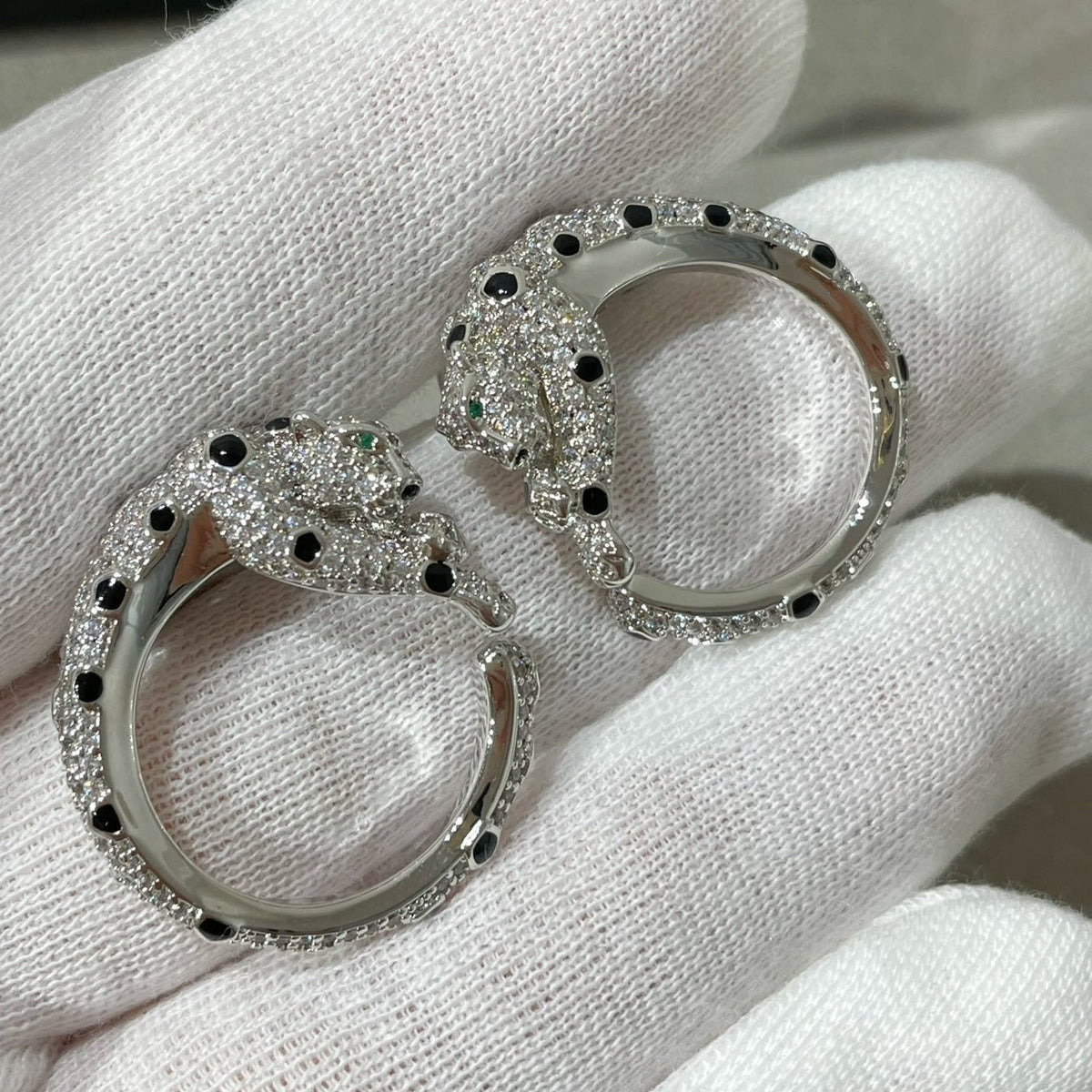 CARTIER PANTHERE DIAMOND ONYX GREEN EMERAL SILVER EARRINGS