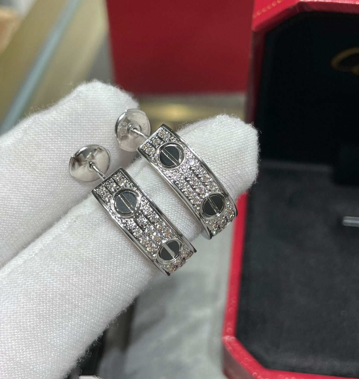 CARTIER LOVE CERAMIC DIAMOND PAVED SILVER EARRINGS