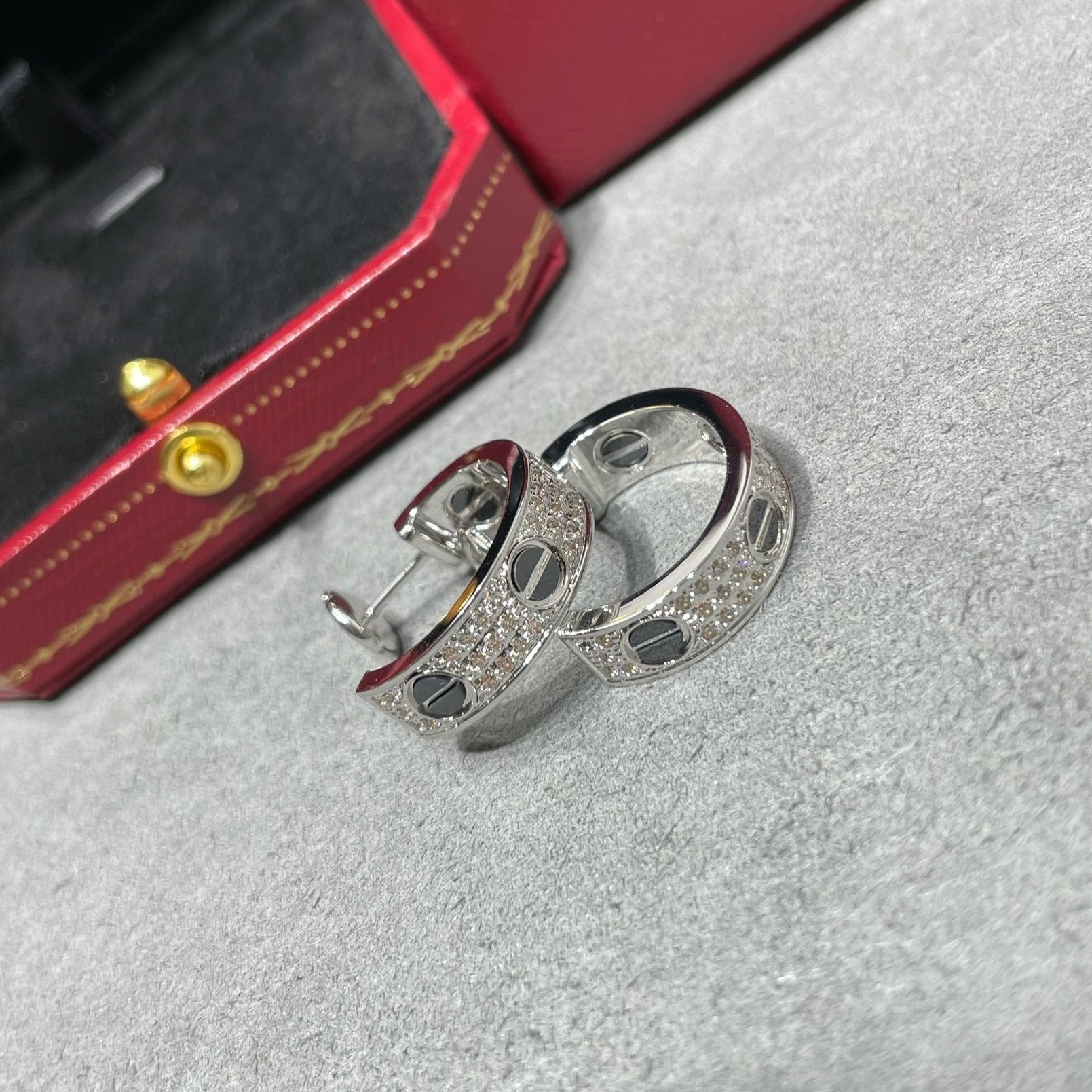 CARTIER LOVE CERAMIC DIAMOND PAVED SILVER EARRINGS