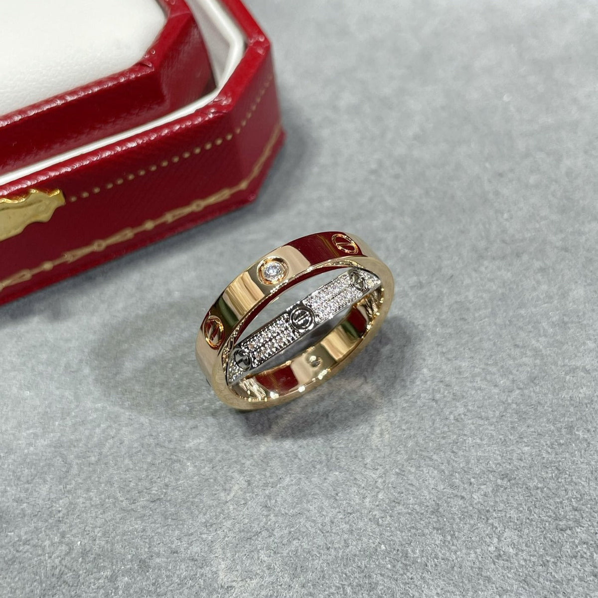 CARTIER LOVE PINK GOLD SILVER DIAMOND DOUBLE RING