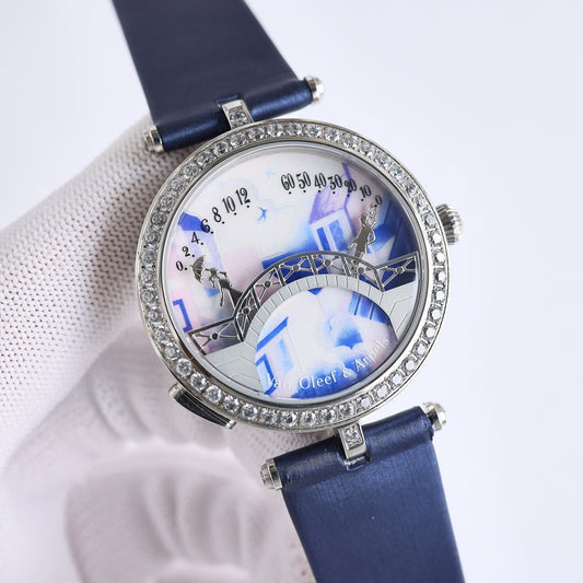 VAN CLEEF & ARPELS LADY ARPELS LOVER BRIDGE WHITE DIAL BLUE STRAP