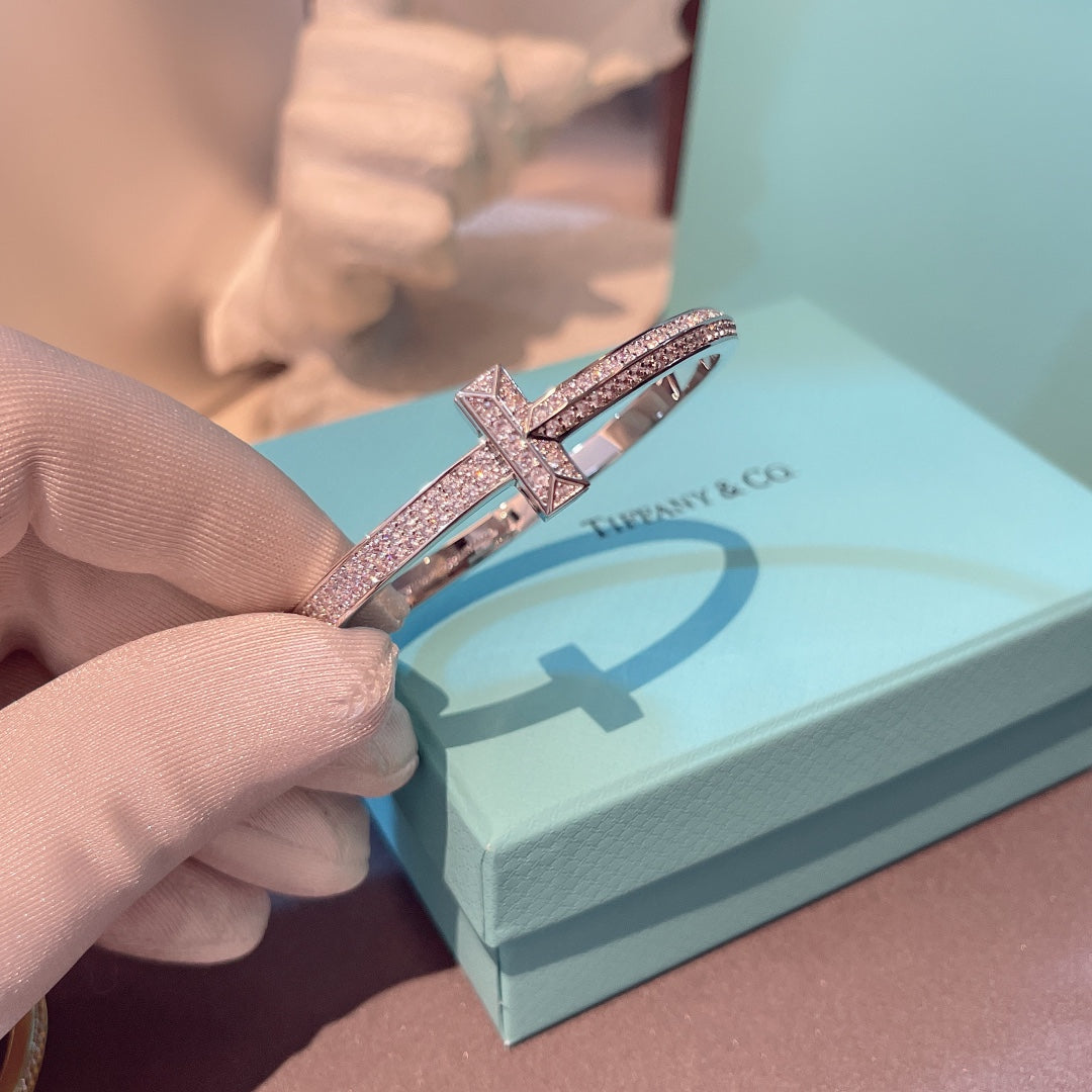 TIFFANY T1 WIDE HINGED BANGLE DIAMOND PAVED BRACELET
