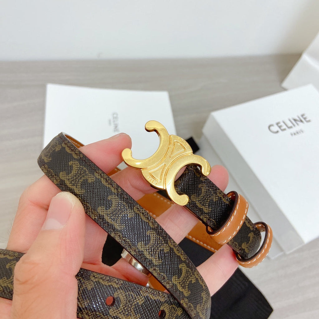 CELINE TRIOMPHE 18MM REVERSIBLE IN DARK BROWN MONOGRAM CALFSKIN AND BROWN CALFSKIN WITH GOLD BUCKLE