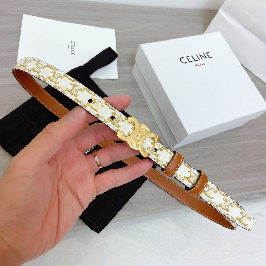 CELINE TRIOMPHE BELT 18MM REVERSIBLE IN WHITE CALFSKIN WITH GOLD MONOGRAM PRINT AND BROWN CALFSKIN WITH GOLD BUCKLE