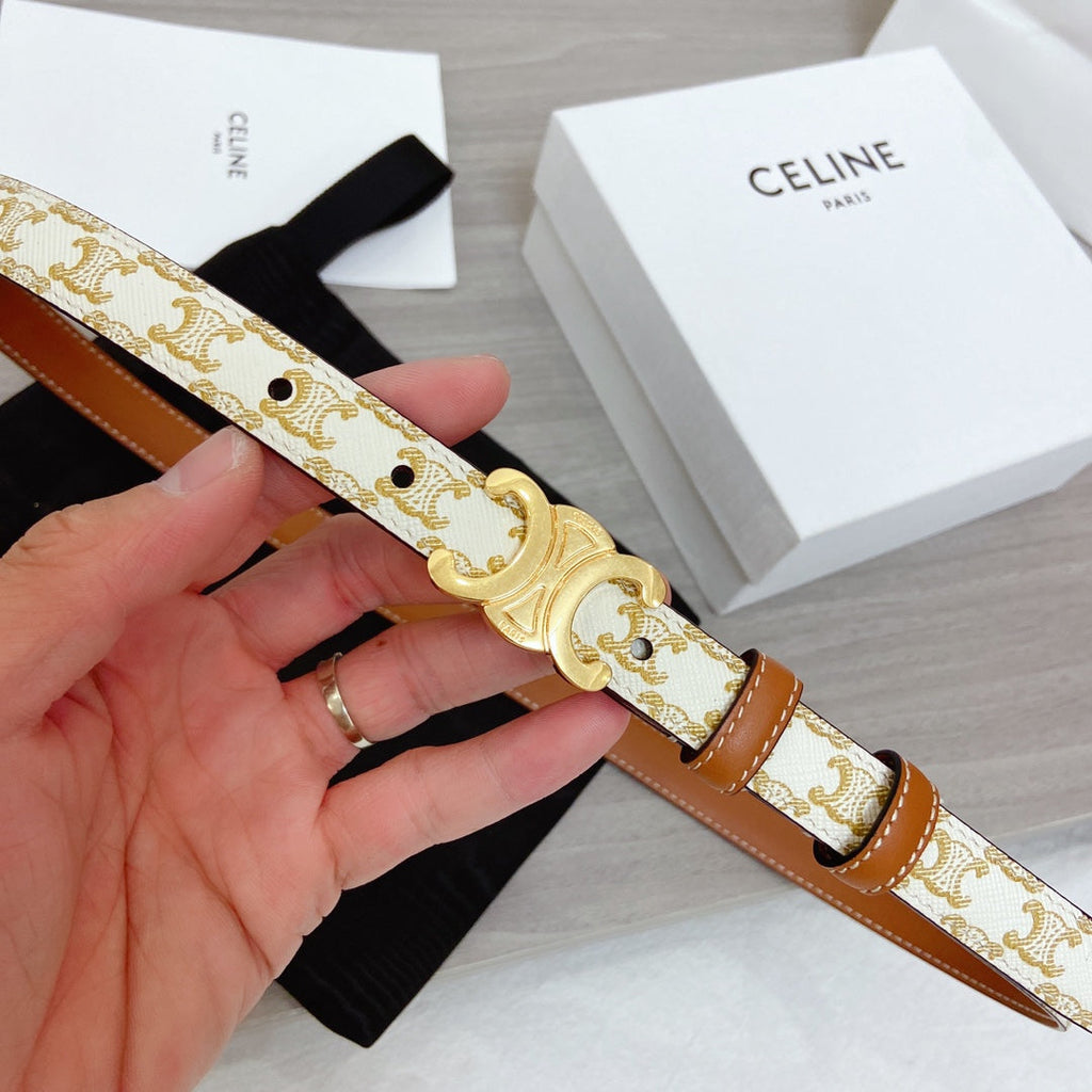 CELINE TRIOMPHE BELT 18MM REVERSIBLE IN WHITE CALFSKIN WITH GOLD MONOGRAM PRINT AND BROWN CALFSKIN WITH GOLD BUCKLE
