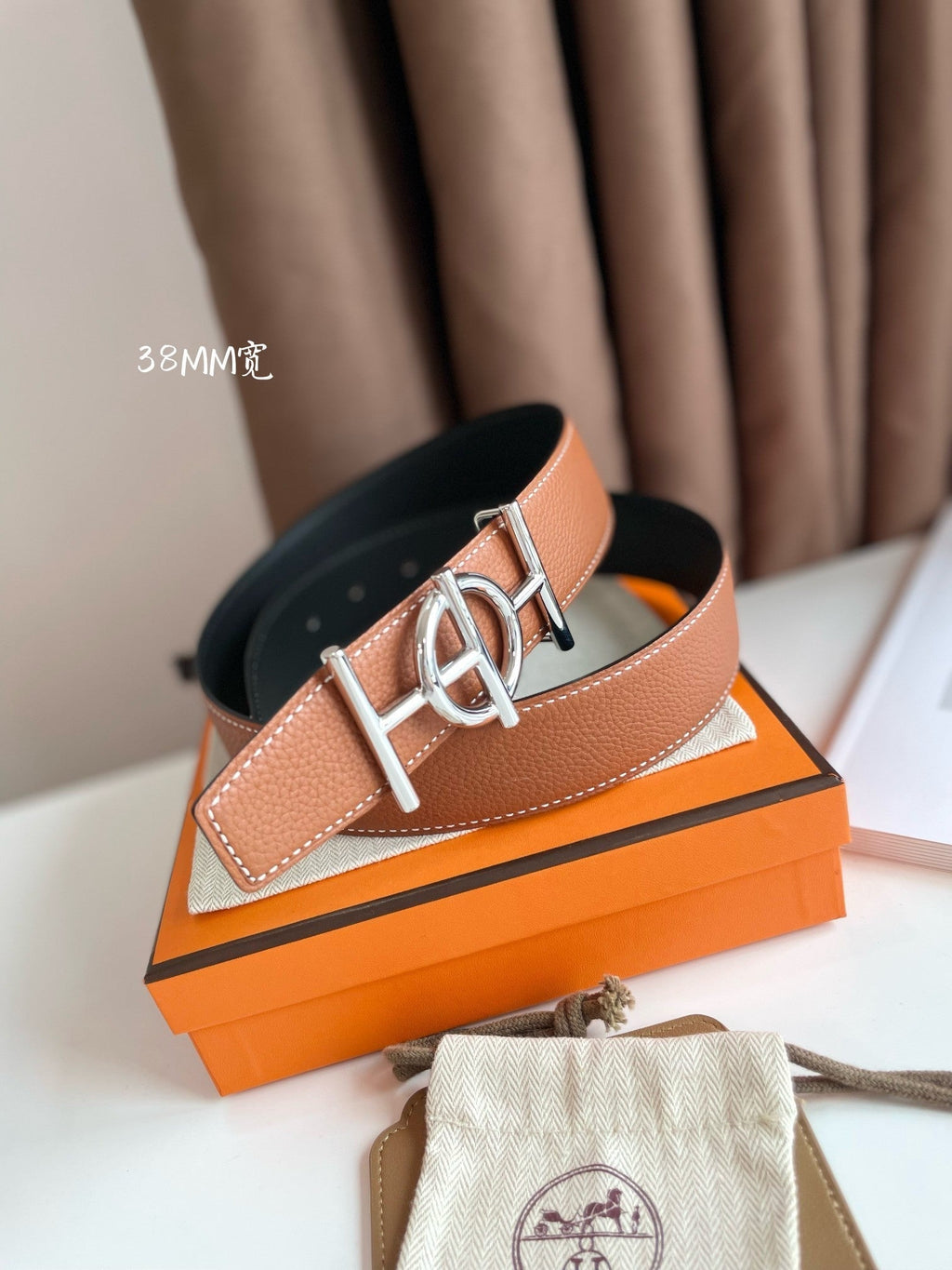 HERMES ULYSSE BELT BUCKLE & REVERSIBLE GINGER ORANGE LEATHER STRAP 38MM SILVER HARDWARE