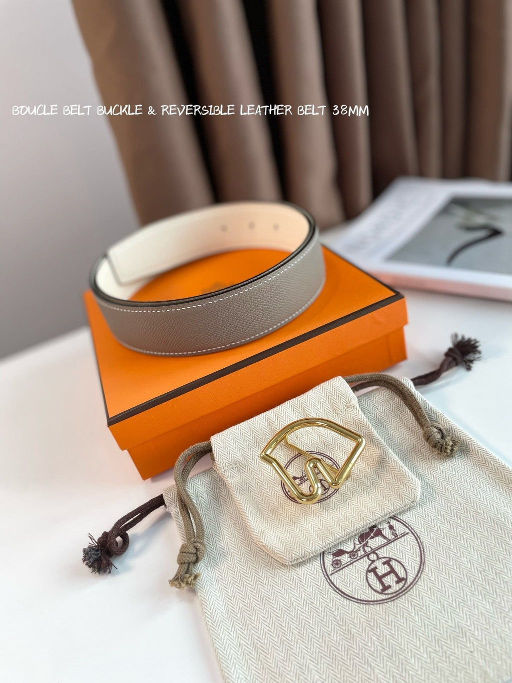 HERMES BOUCLE BELT BUCKLE & REVERSIBLE KHAKI BROWN AND WHITE LEATHER STRAP 38MM GOLD HARDWARE