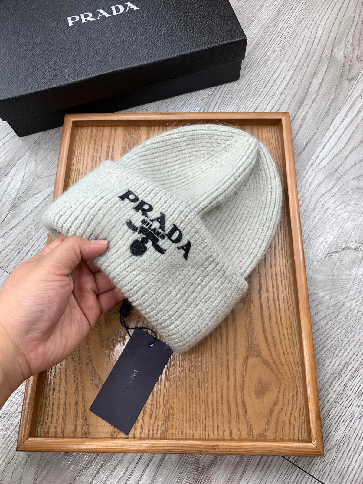 PRADA BEANIE HAT IN PALE GRAY WOOL 108746