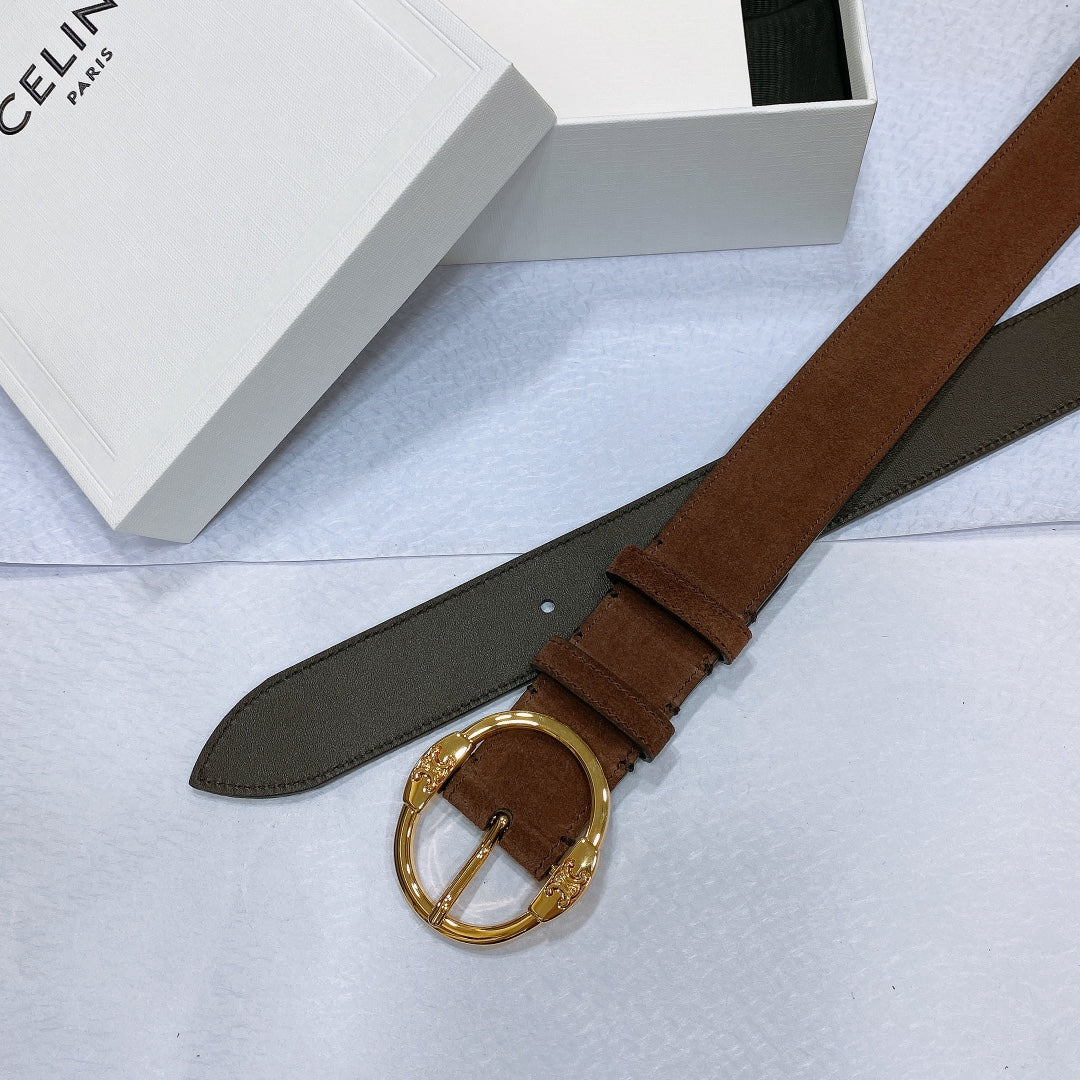 CELINE CL LARGE 35MM TWIN TRIOMPHE BELT IN CHOCOLATE BROWN SUEDE GOLD HARDWARE