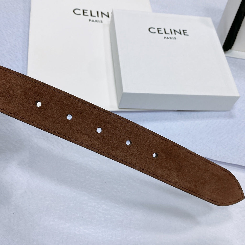 CELINE CL LARGE 35MM TWIN TRIOMPHE BELT IN CHOCOLATE BROWN SUEDE GOLD HARDWARE