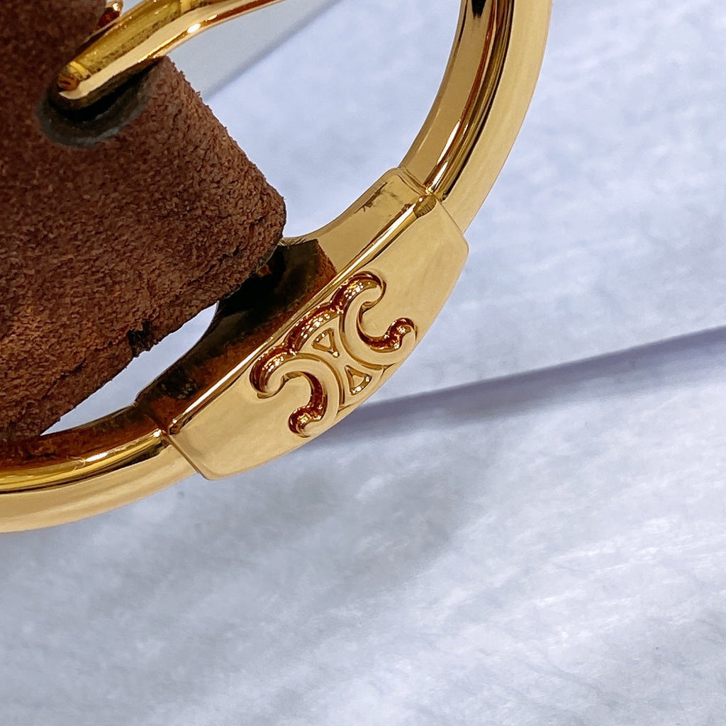 CELINE CL LARGE 35MM TWIN TRIOMPHE BELT IN CHOCOLATE BROWN SUEDE GOLD HARDWARE