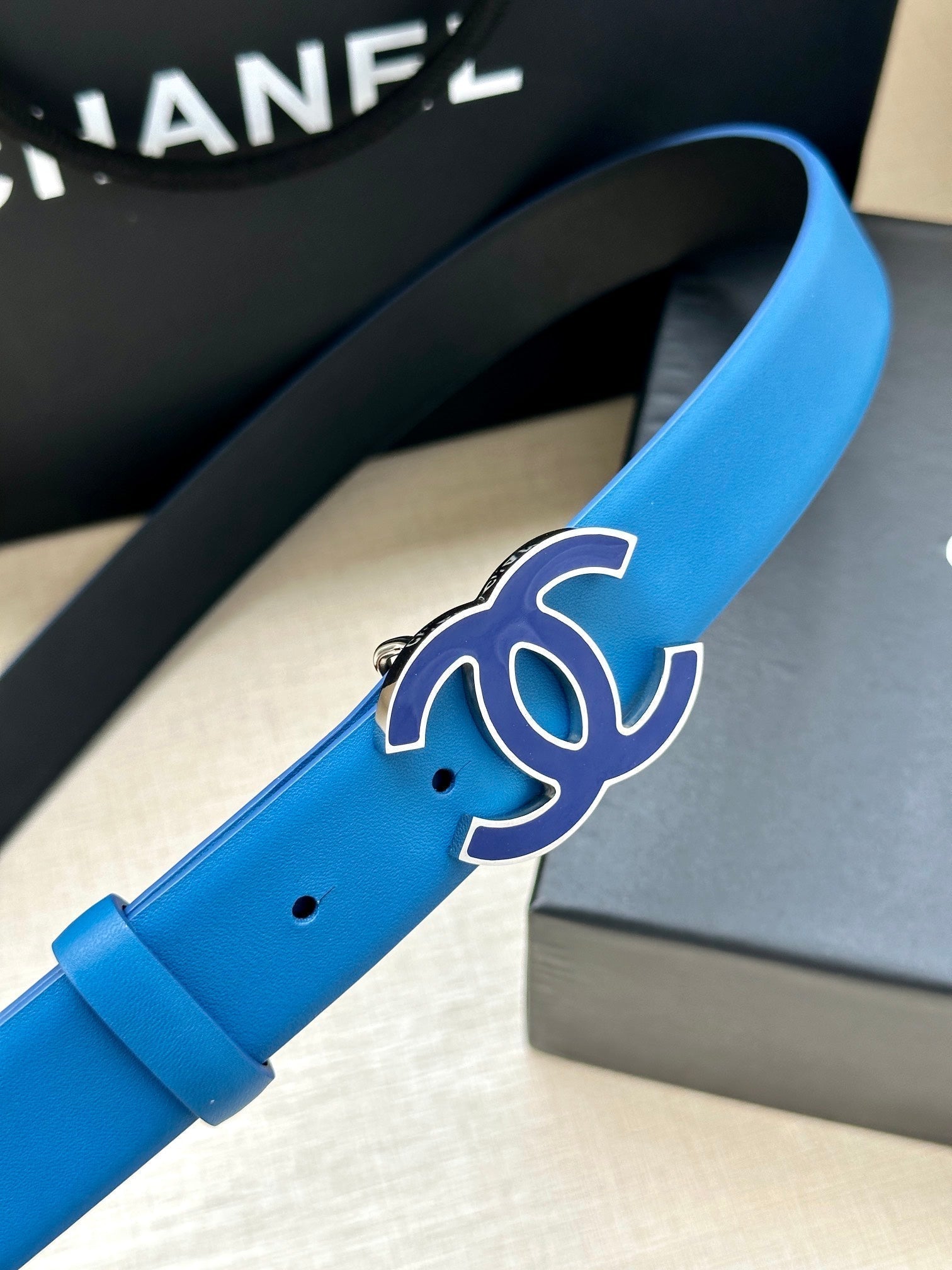CHANEL 30MM BELT IN COBALT BLUE SMOOTH CALFSKIN METAL HARDWARE