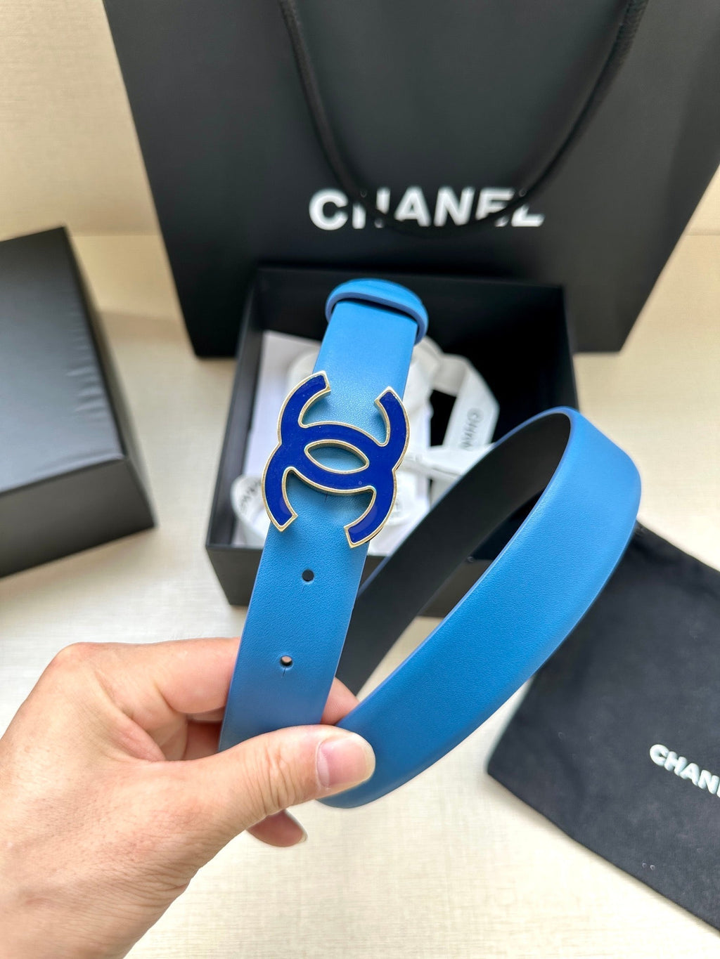 CHANEL 30MM BELT IN COBALT BLUE SMOOTH CALFSKIN METAL HARDWARE