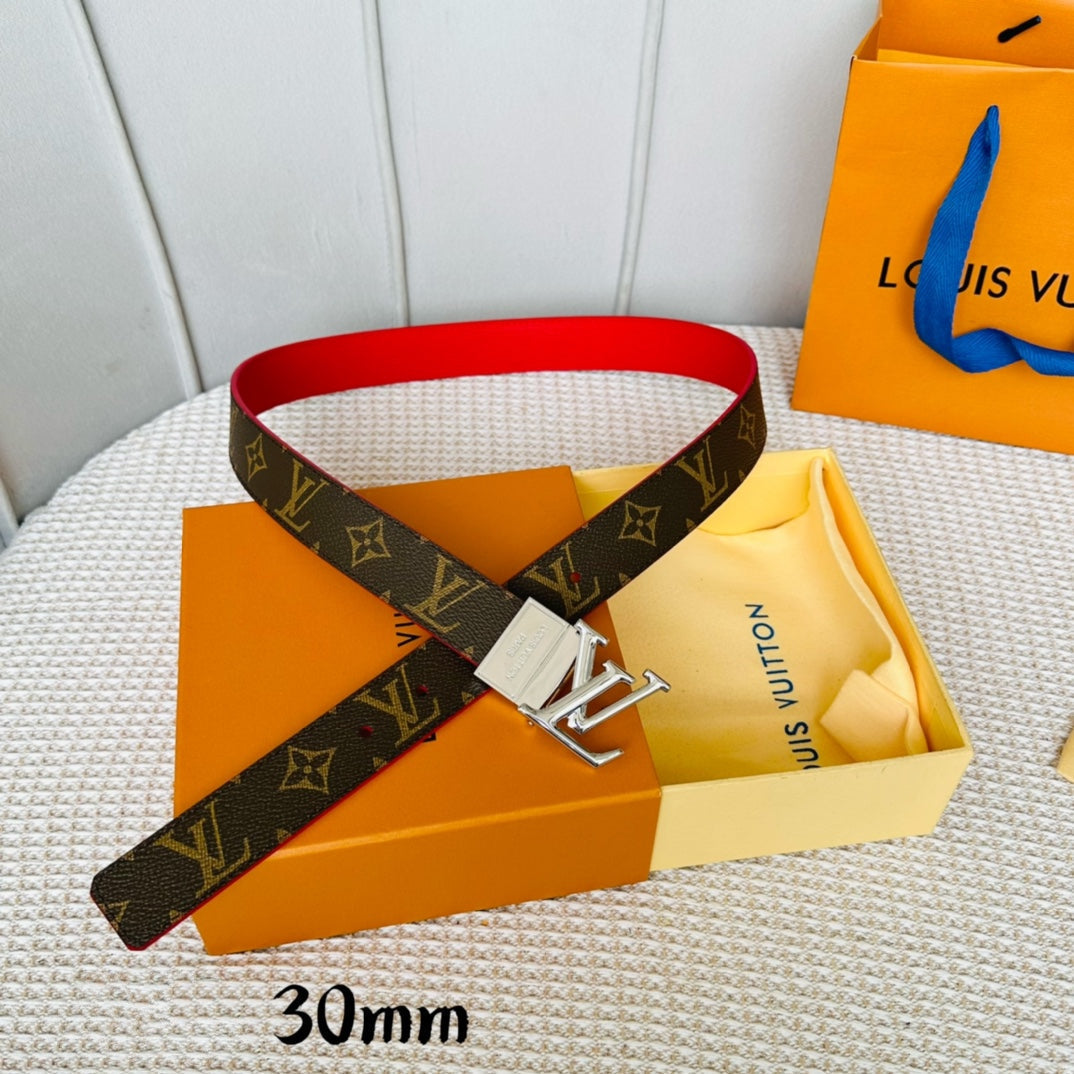 LOUIS VUITTON LV Initiales 30mm Reversible Belt Silver Rotating Buckle Red Brown Leather