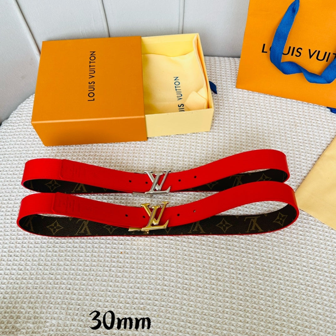 LOUIS VUITTON LV Initiales 30mm Reversible Belt Silver Rotating Buckle Red Brown Leather