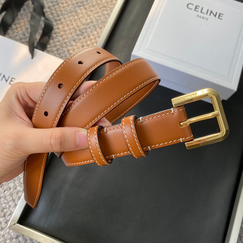 CELINE BELT 25MM IN BROWN REVERSIBLE ITALIAN CALFSKIN WITH VINTAGE GOLD BRASS BUCKLE