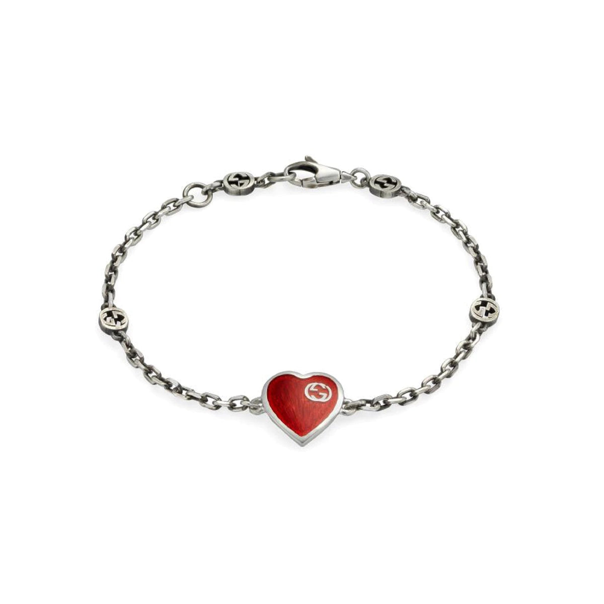 GUCCI HEART AGED FINISH STERLING SILVER RED ENAMEL BRACELET