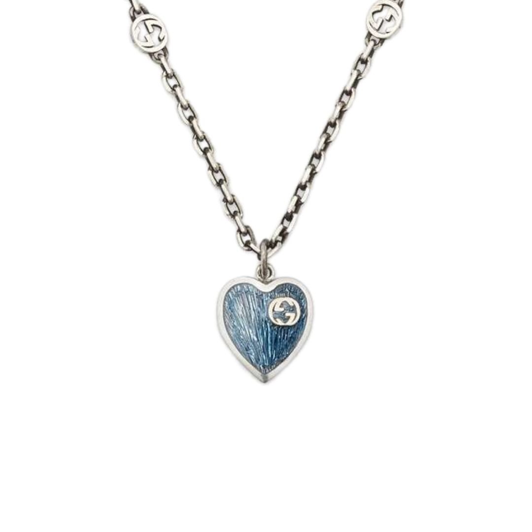 GUCCI HEARTS STERLING SILVER BLUE ENAMEL PENDANT NECKLACE