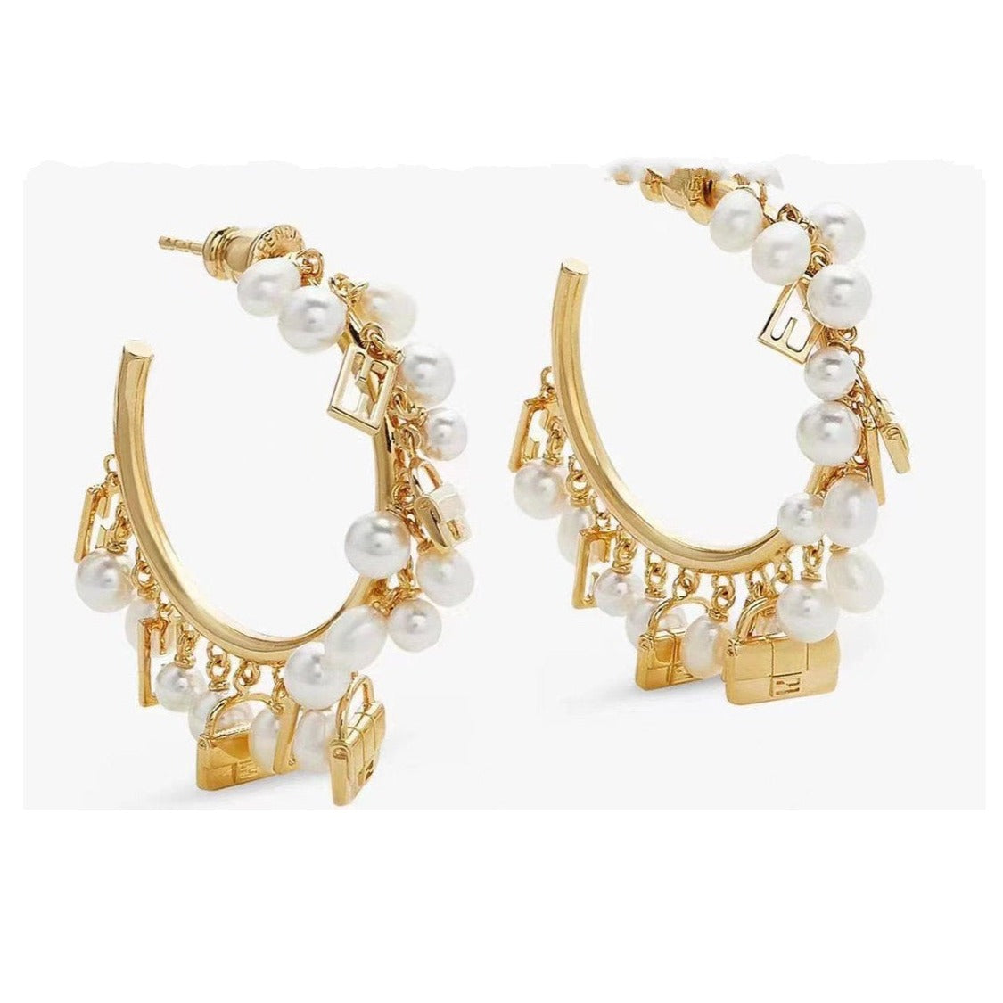 FENDI F BUCKLE PEARL GOLD EARRINGS