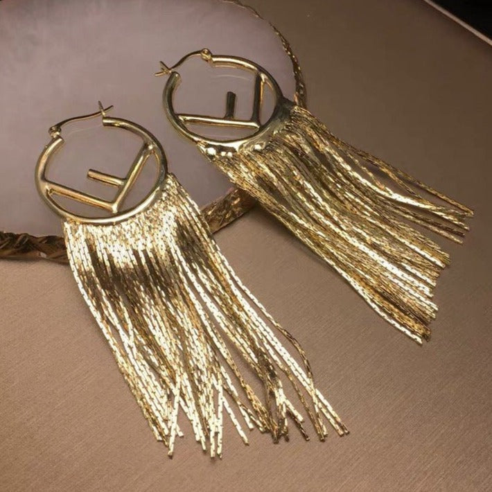 FENDI F LOGO TASSELS GOLD EARRINGS