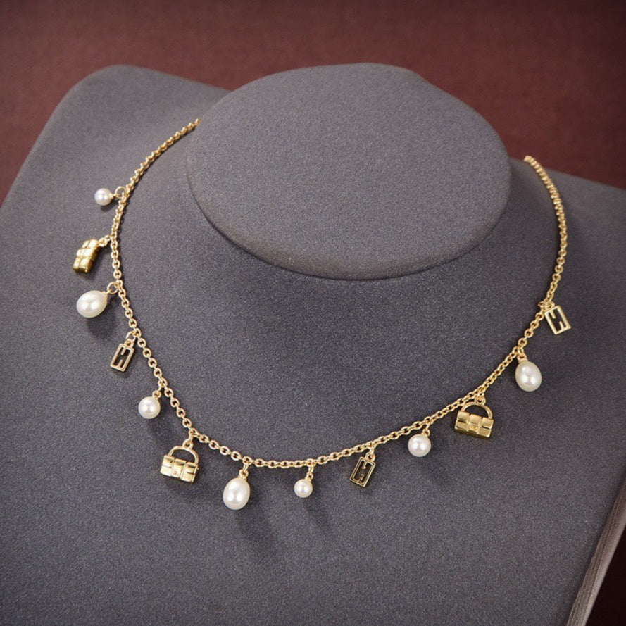 FENDI FF BUCKLED PEARL GOLD NECKLACE