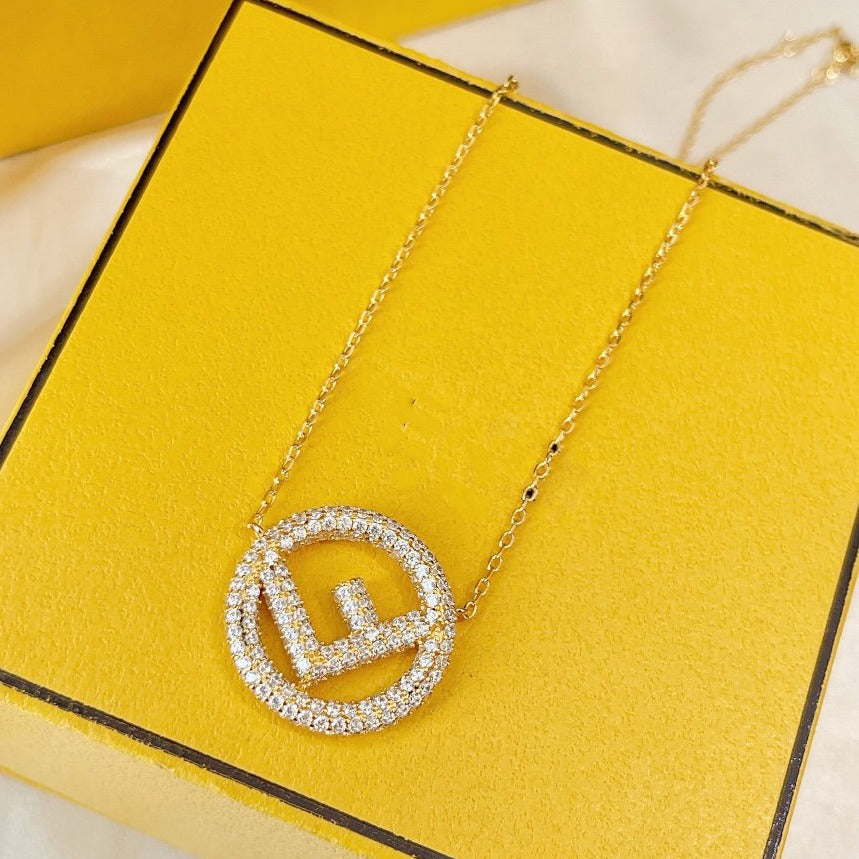 FENDI F LOGO NECKLACE GOLD FULL DIAMOND