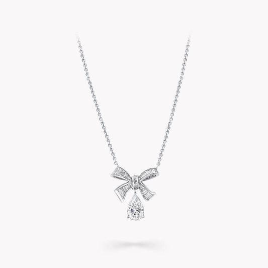 FENDI TILDA BOW BAGUETTE CUT SILVER DIAMOND DROP NECKLACE