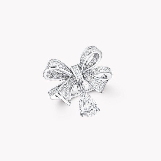 FENDI TILDAS BOW BAGUETTE CUT SILVER DIAMOND DROP RING