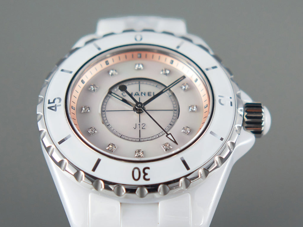 CHANEL J12 33mm Quartz White Ceramic Diamond Numerals Pink Mop Dial